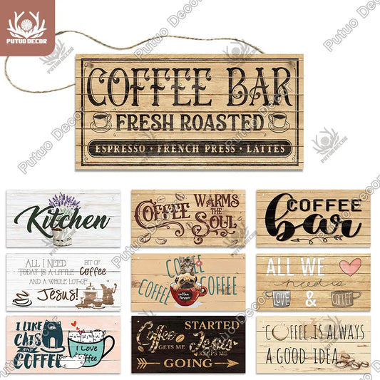 Decor Coffee Wooden Signs - Plaque Wood Plate Rustic Hanging for Cafe, Bar, or Kitchen
