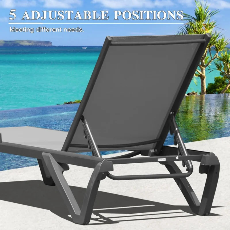 Lounge Chairs Set of 2, Aluminum Adjustable Outdoor Chaise Lounge with Wheels, All Weather