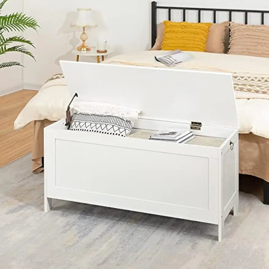 Wooden Look Storage Bench, Toy Box with Safety Hinge for Entryway Shoe Bench Supports 220 lbs, Easy Assembly White
