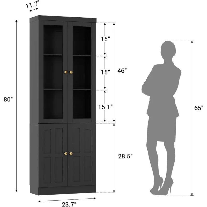 80" Tall Bookshelf with Glass Doors | Large Storage & Display Cabinet