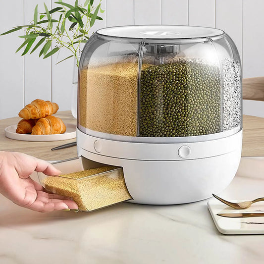 360° Rotatable 6-Grid Grain Dispenser—13lbs Capacity Food-Grade - Moisture-Proof for Rice & Beans in Kitchen