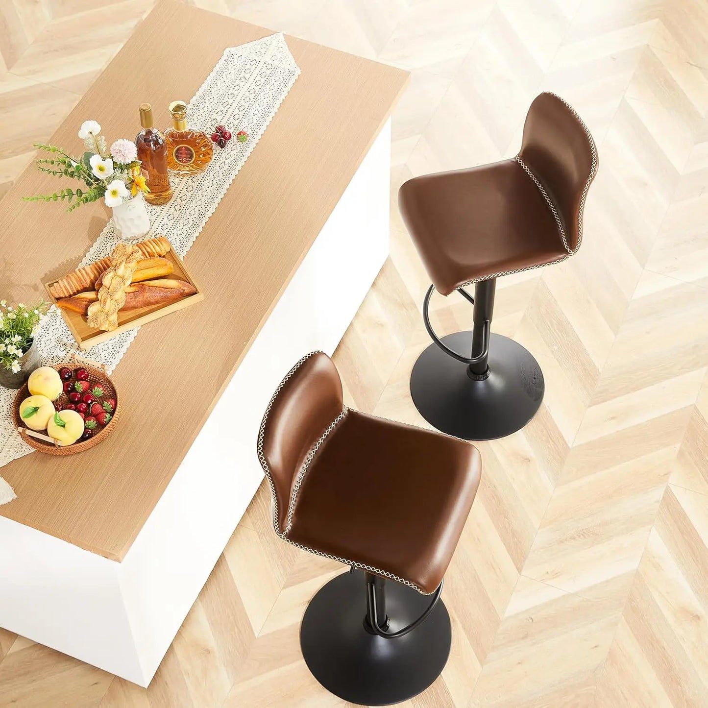 Swivel Bar Stools Set of 4, Adjustable Counter Height with Back, Brown Faux Leather (24' to 32')