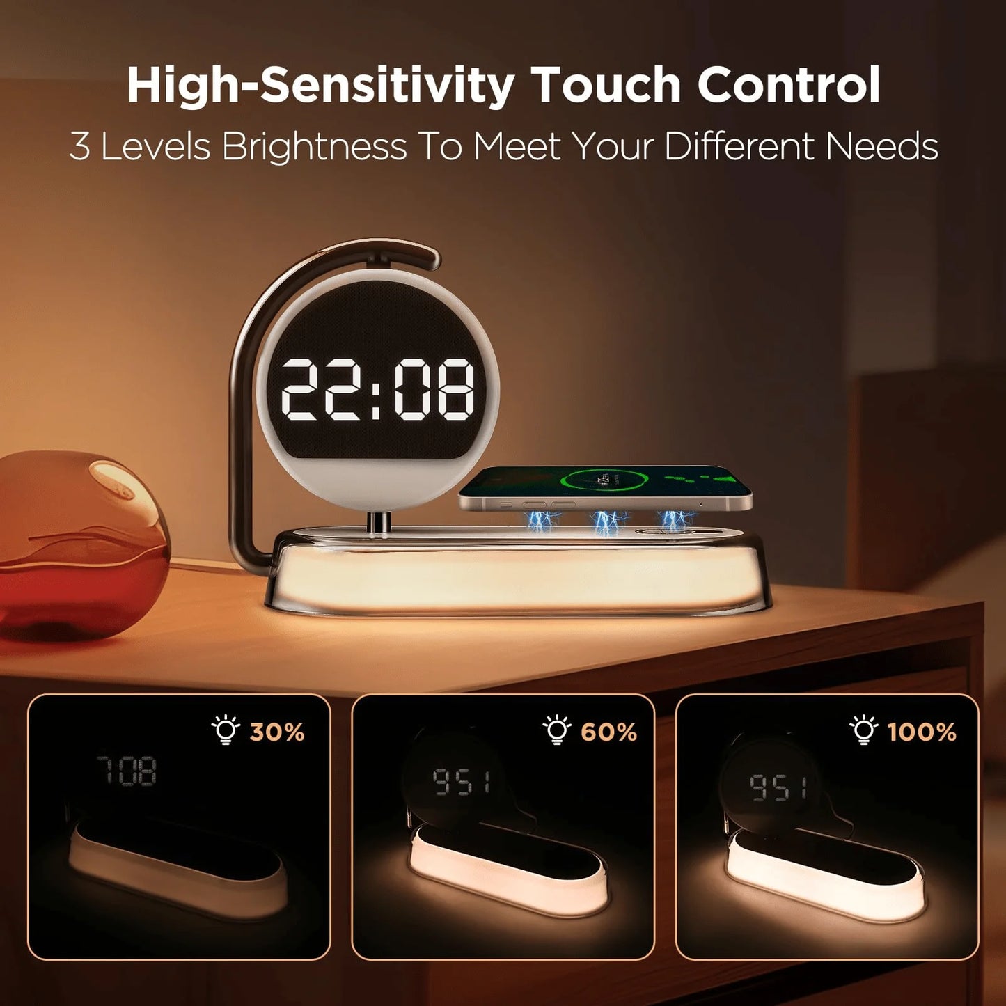 5-in-1 Minimalist Charging Station – Smart Bedside Alarm Clock & Night Light
