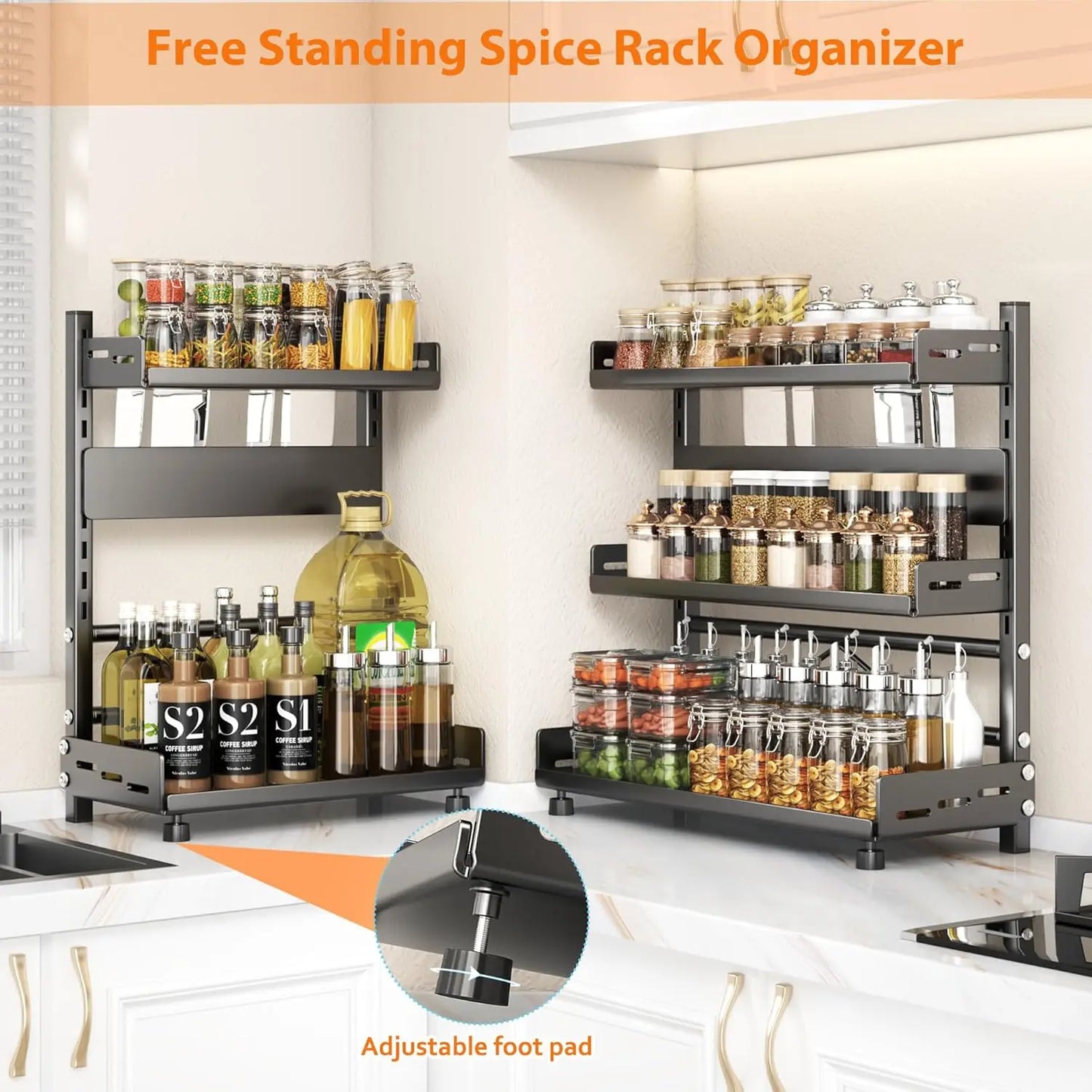 3‑Tier Spice Storage Rack – Adjustable Countertop Organizer, Metal Shelf in Black