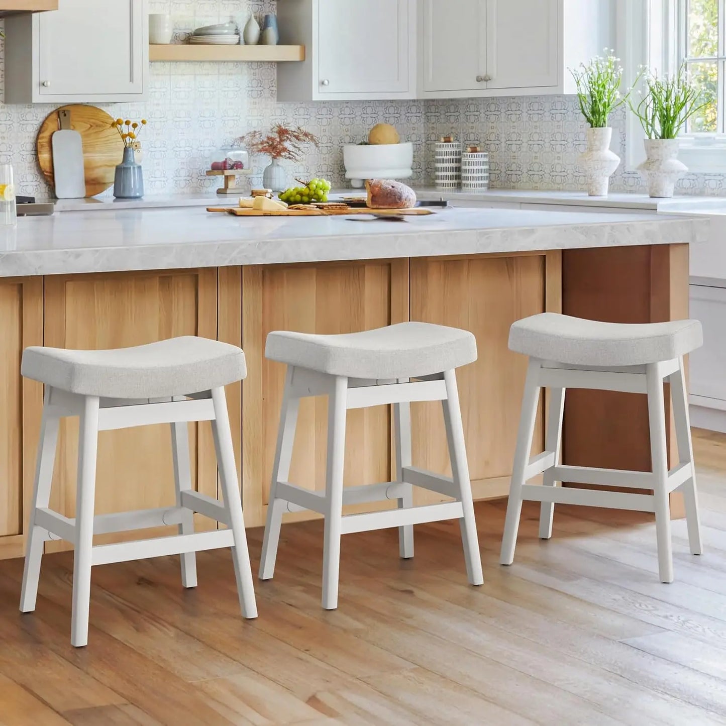 Set of 3 Barstools with Sturdy Wood Legs, Saddle Seat