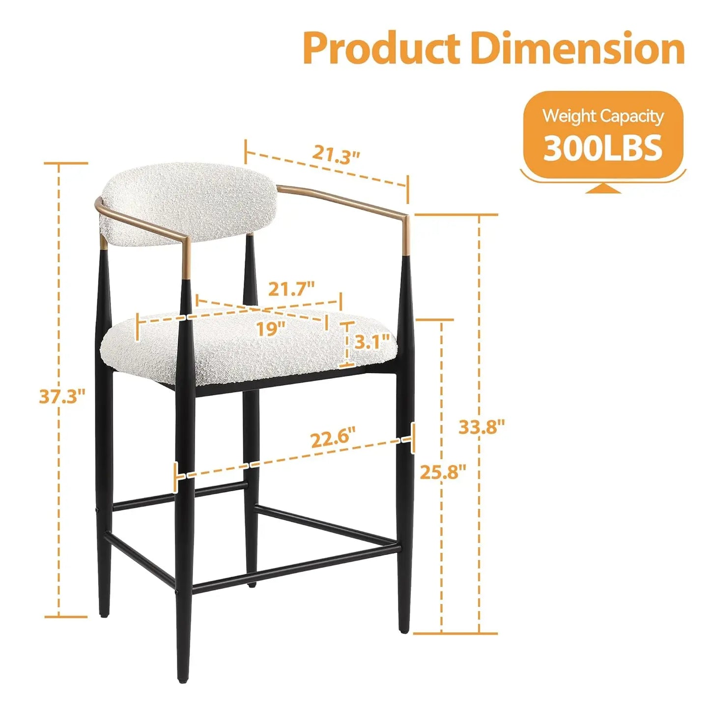 Modern Upholstered Counter Height Bar Stools Set 4 - High Back Black Metal Legs 26in