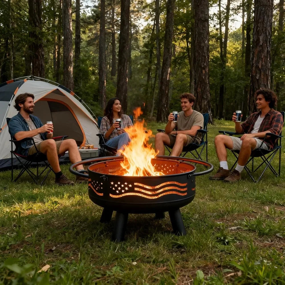 32" American Flag Fire Pit – Round Metal Wood‑Burning Firepit with Mesh Cover & Poker