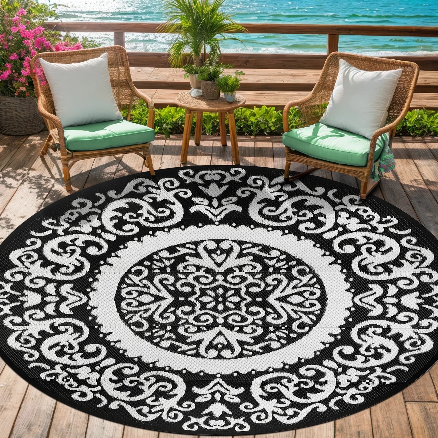 8ft Round Outdoor Patio Rug, Reversible,Lightweight