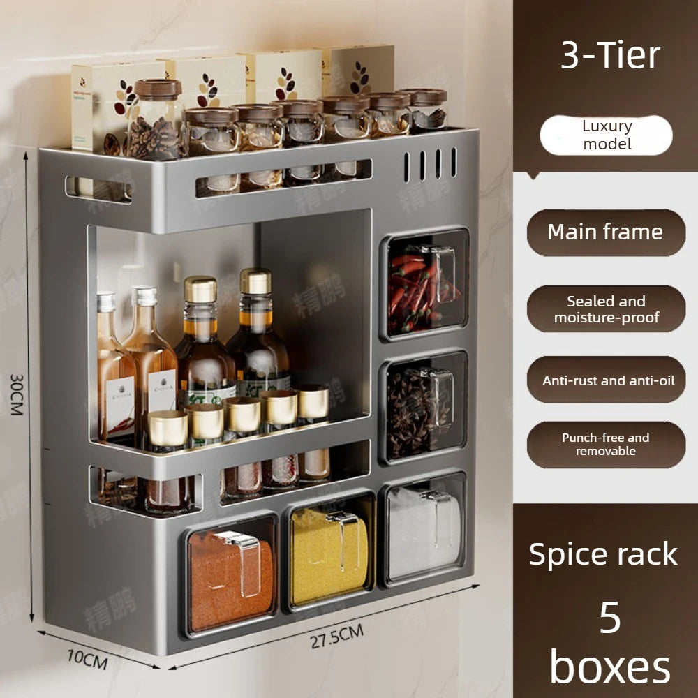 No‑Drill Wall‑Mounted Spice Rack – Carbon Steel Pull‑Out Seasoning Organizer for Kitchen