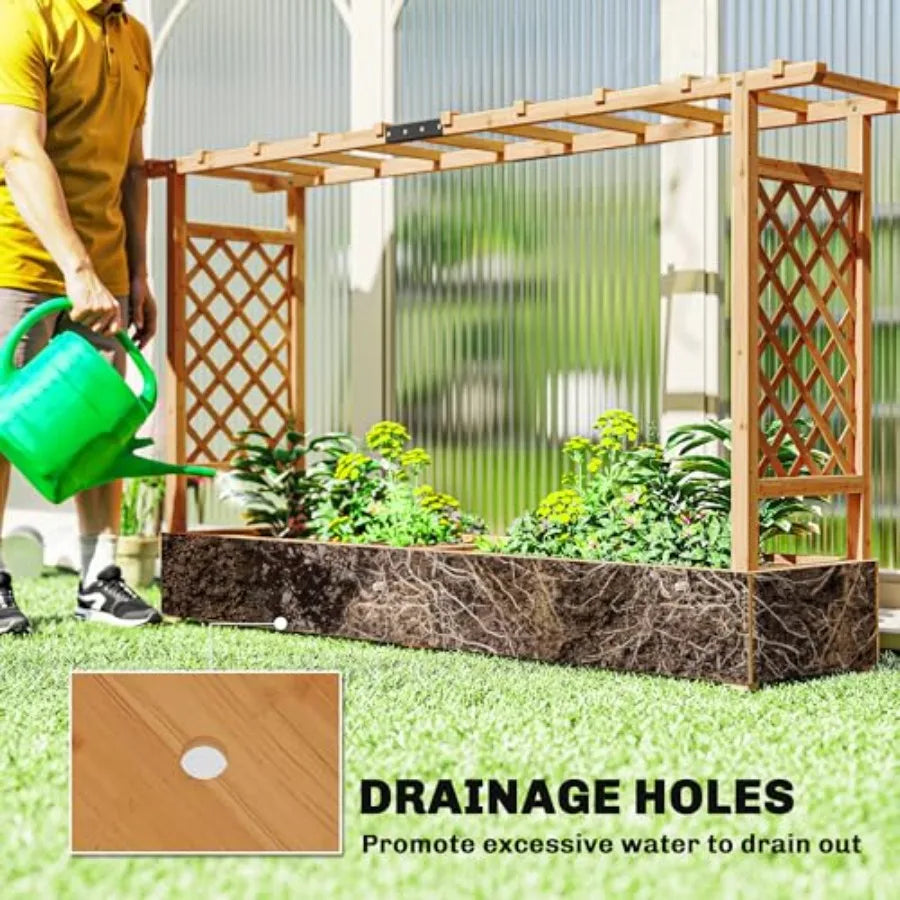 Raised Garden Bed with Trellis, Wooden Planter Box with Hanging Roof and Drainage Holes Outdoor Trellis Planter for Climbing Plants