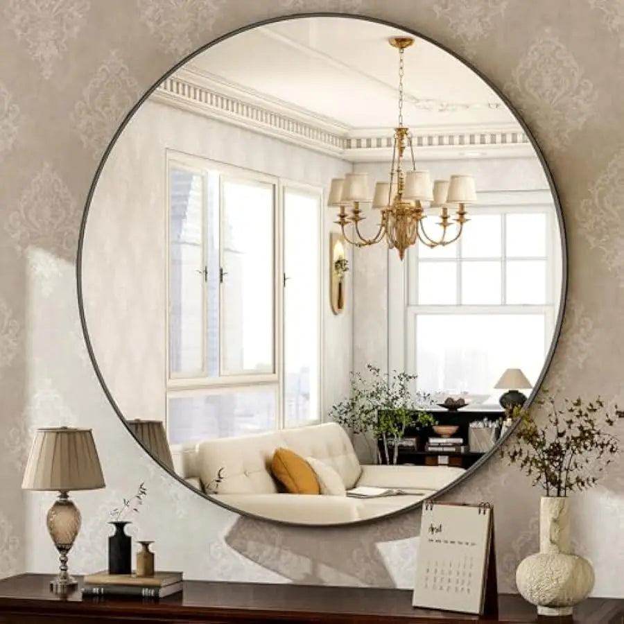 Modern Round Wall Mirror – Matte Black Aluminum Frame (30")