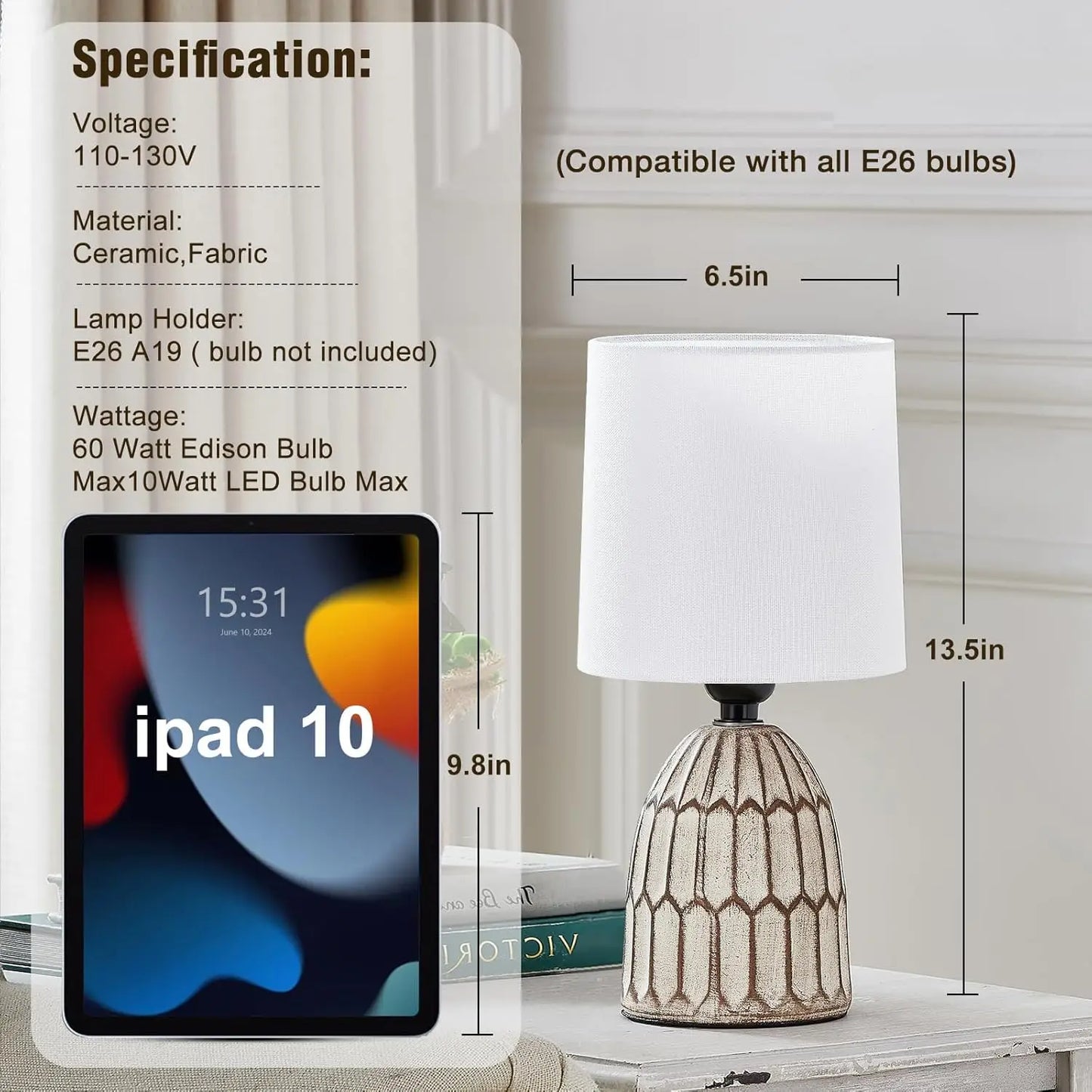 Ceramic Table Lamps – 13.5" Hand‑Painted Style for Bedroom, Living Room & Office (Set of 2)