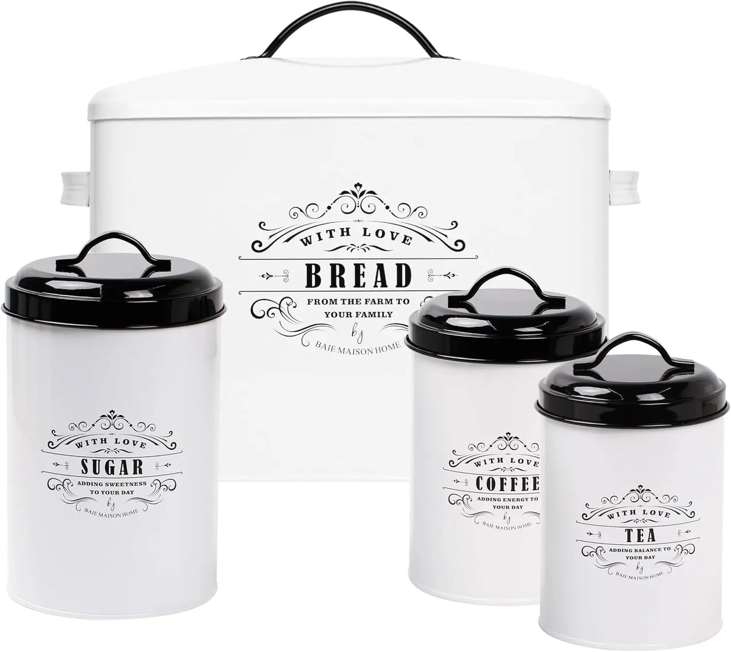 White Farmhouse Bread Box & Canister Set - Large Metal Storage for Kitchen Counter