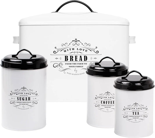 White Farmhouse Bread Box & Canister Set - Large Metal Storage for Kitchen Counter