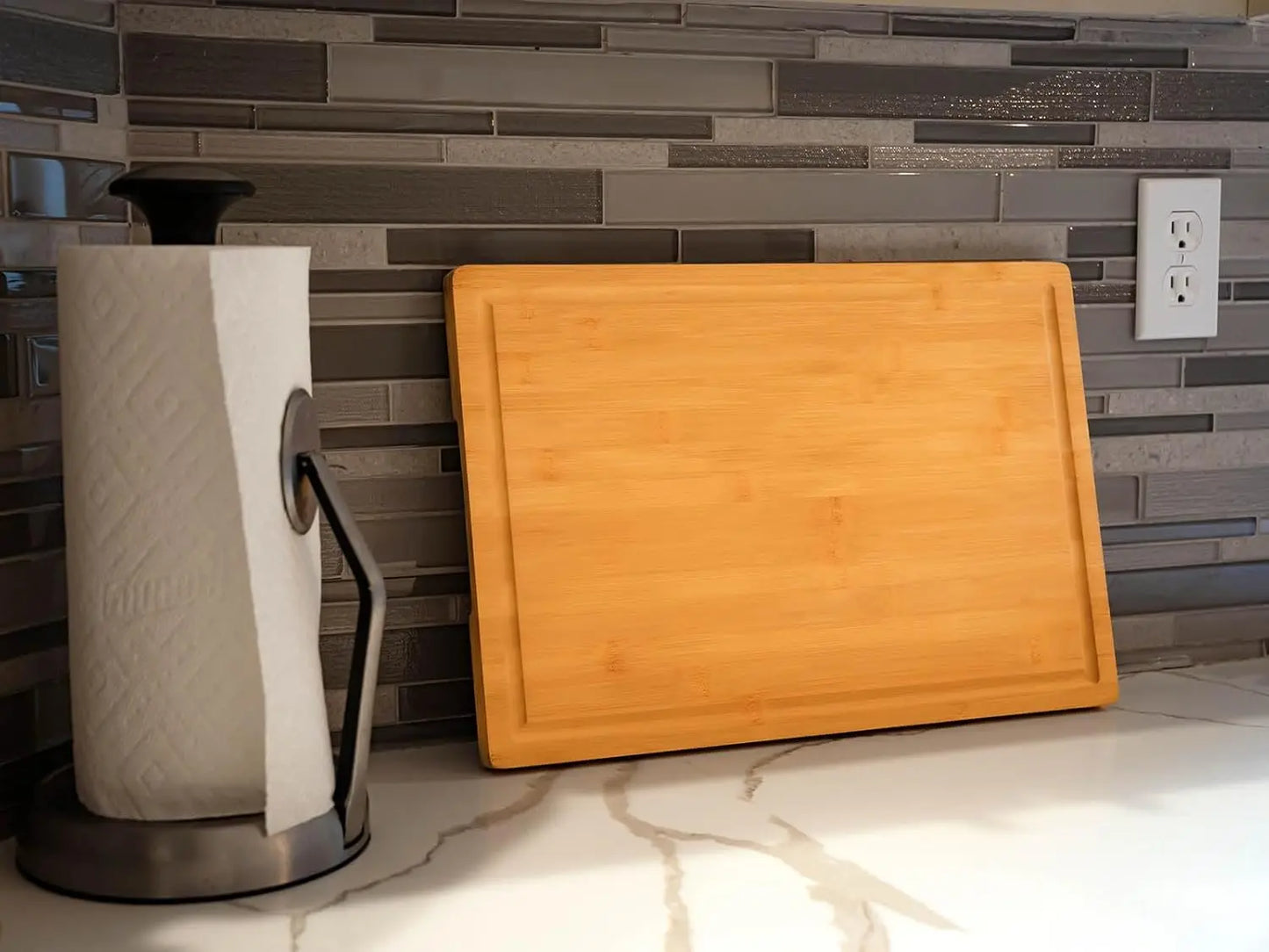 Large Bamboo Cutting Board with Handles and Juice Grooves, Perfect for Kitchen and Charcuterie