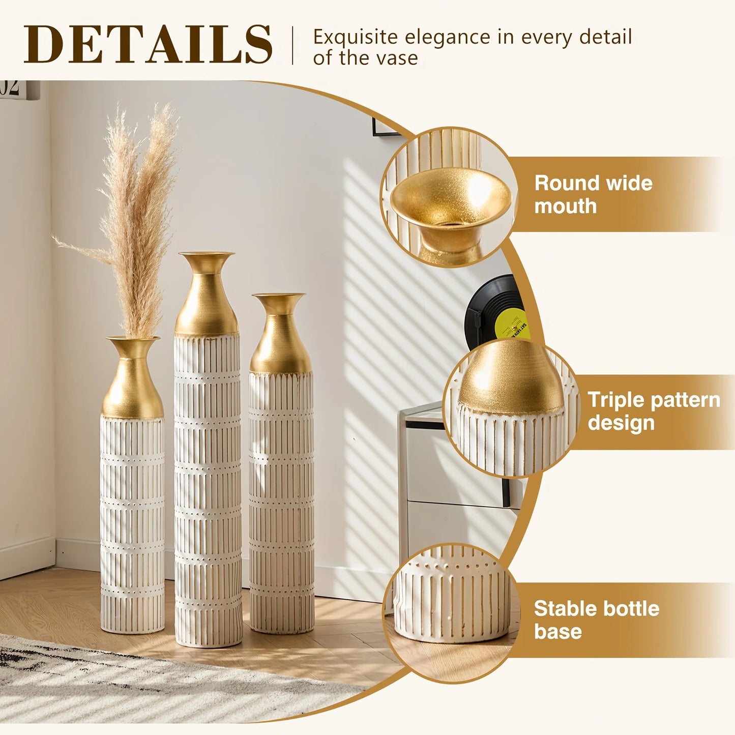 Modern Metal Floor Vases in Gold & White (Set of 3)
