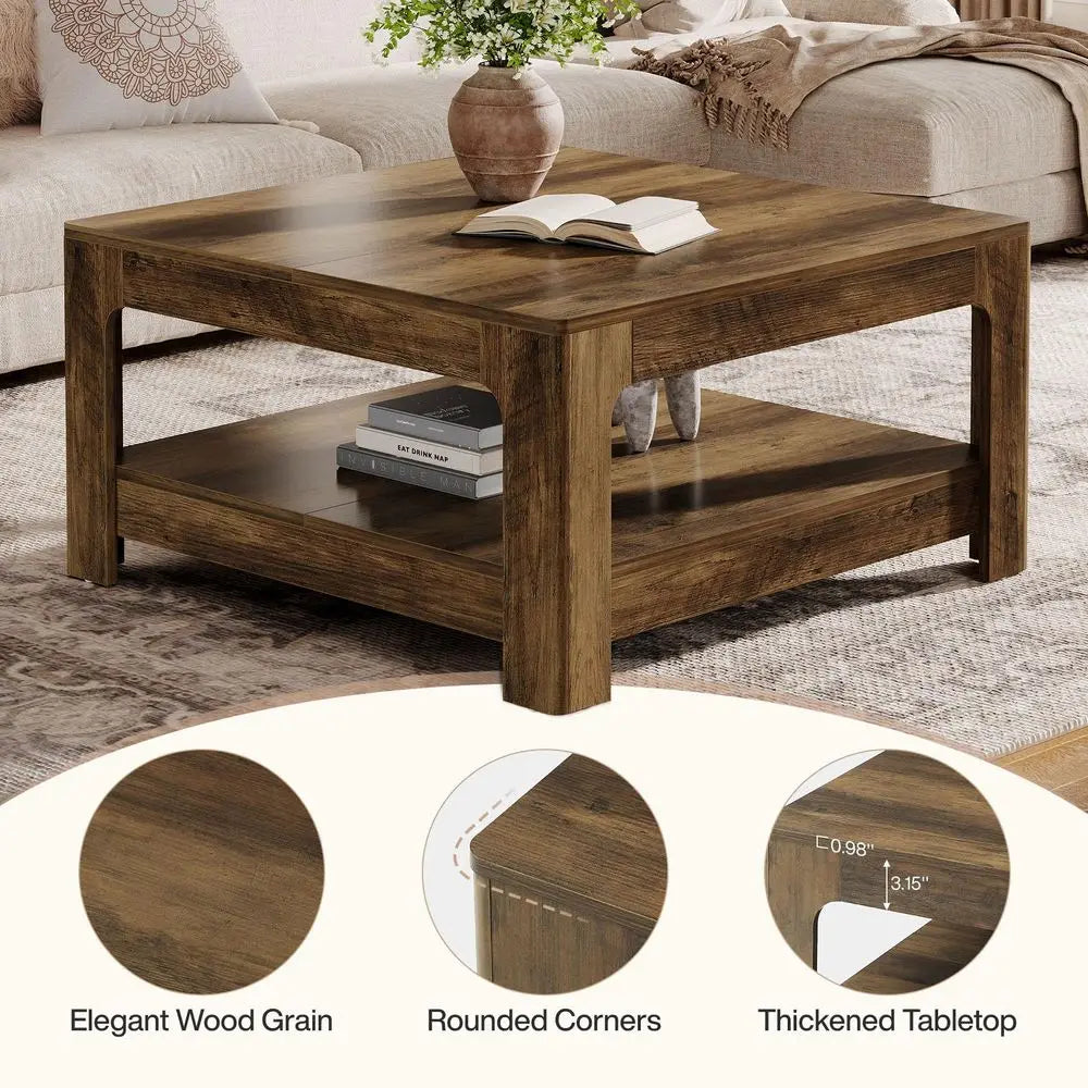 39" Square Coffee Table with Storage – Large Rustic Brown Farmhouse Center Table for Living Room