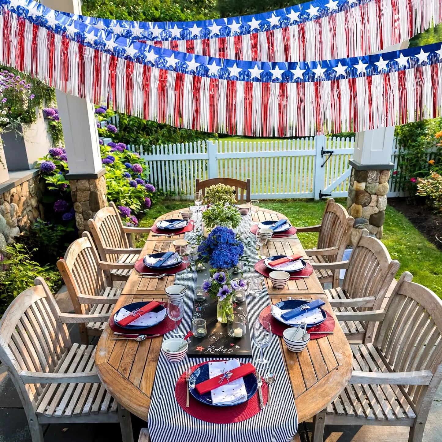 Patriotic Foil Fringe Banner – Red, White & Blue Metallic Streamers for July 4th Décor