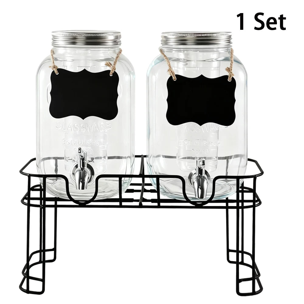 Double Glass Drink Dispenser Set – Two 1‑Gallon Jars with Metal Stand