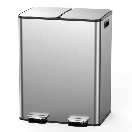 Kitchen Trash Can - Stainless Steel Trash and Recycle Bin Combo with Soft-Close Lid, Dual