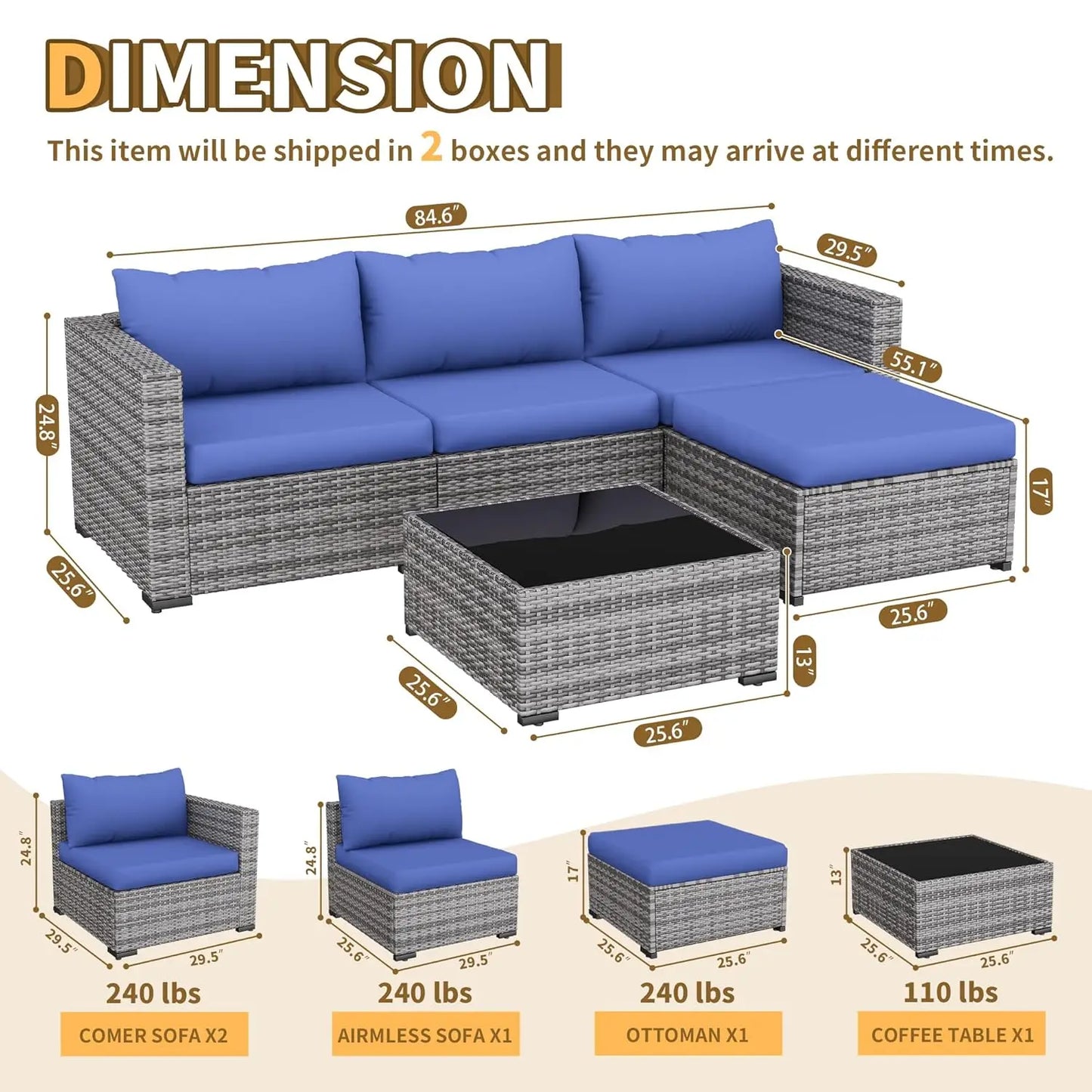 5 Piece Patio Furniture Set, All-Weather Wicker, L Shaped