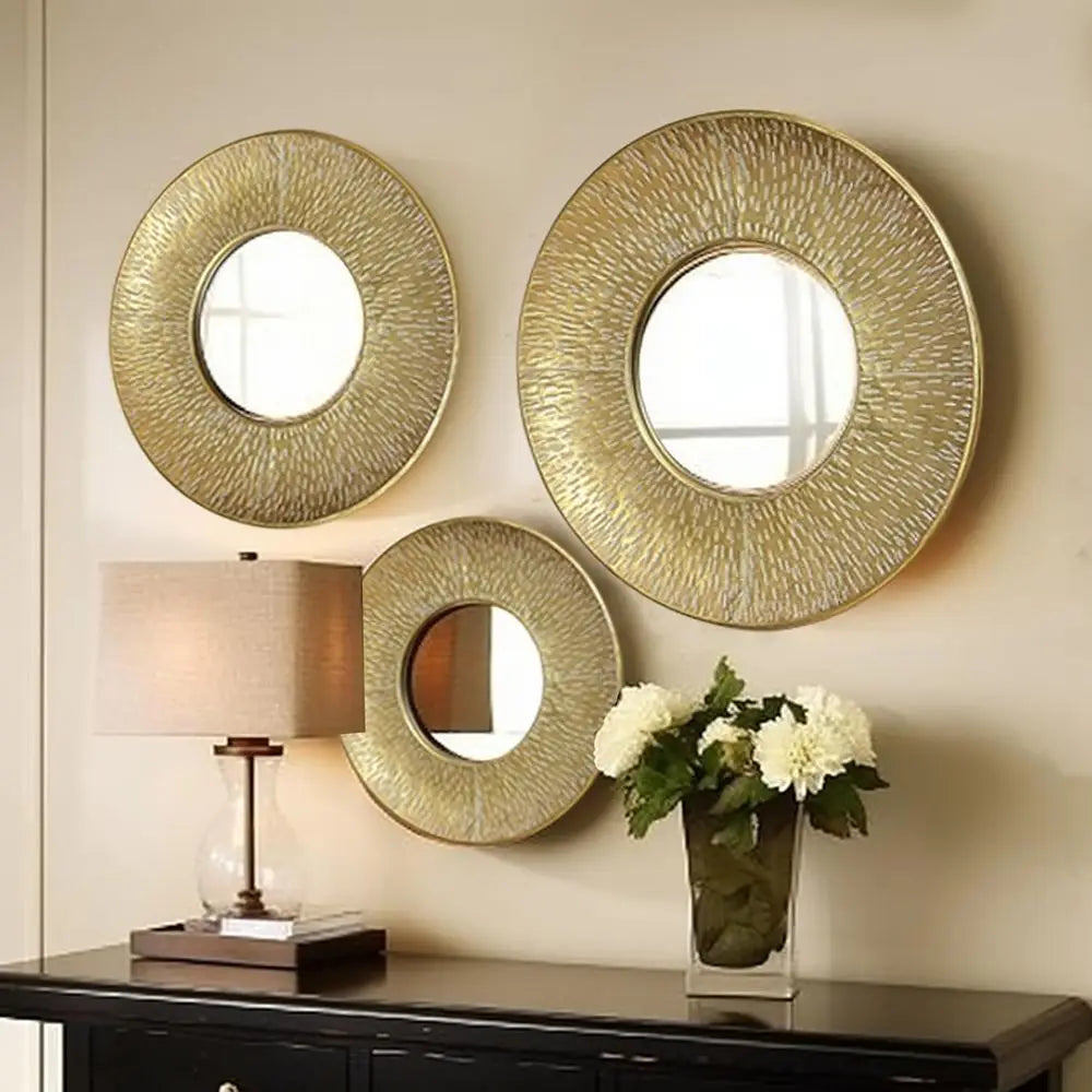 Seraphina Boho Gold Metal Round Wall Mirror Set – 3-Piece