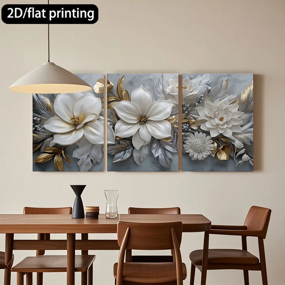 3‑Piece White & Gold Flower Canvas Wall Art – Wooden Frame Decorative Set (Available in Multiple Sizes)