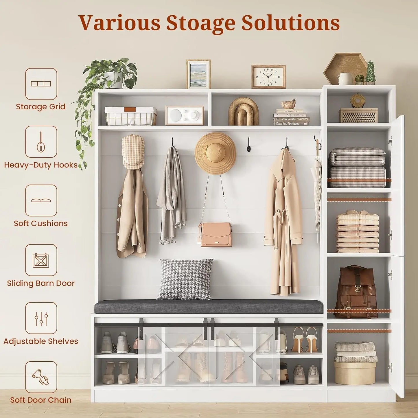 Entryway Bench and Shoe Storage,  Coat Rack with Tall Mirror, Farm House Barn Door 4-in-1 Hall Tree, Customized