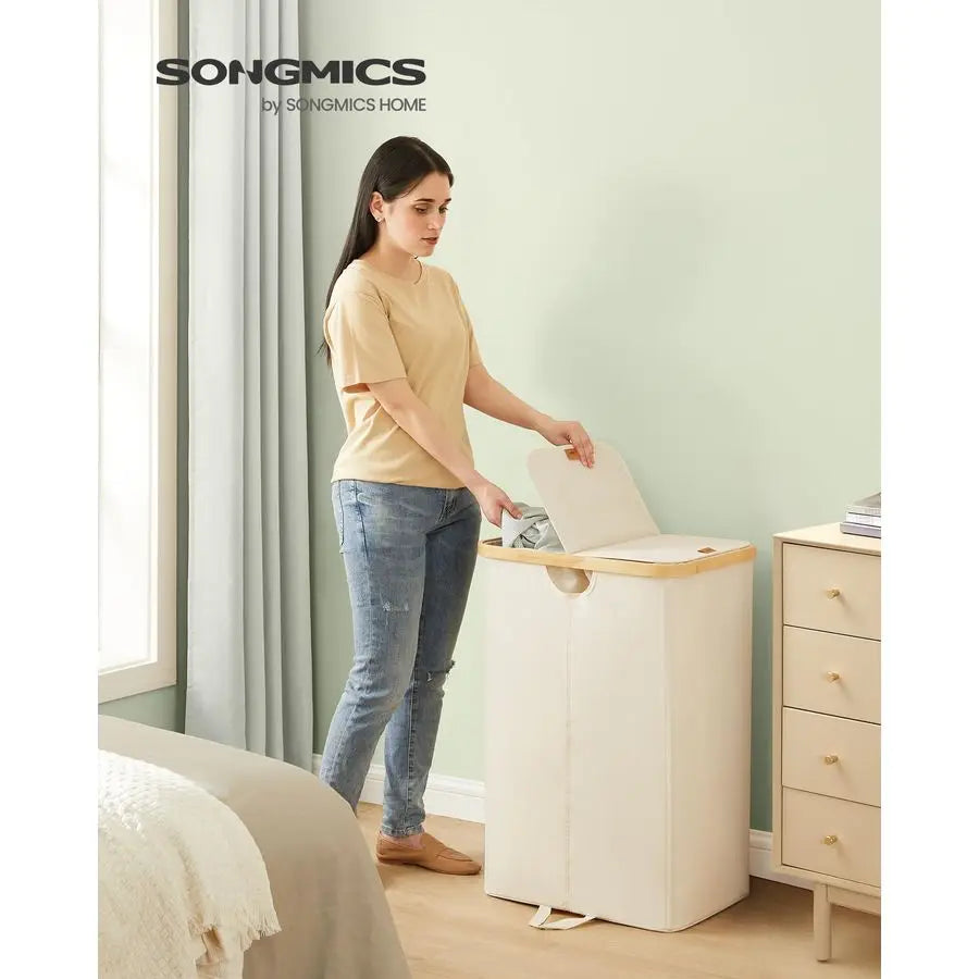 Laundry Basket with 2 Compartments, 39-Gal, Removable Liner Bag, for Laundry Room, Bedroom