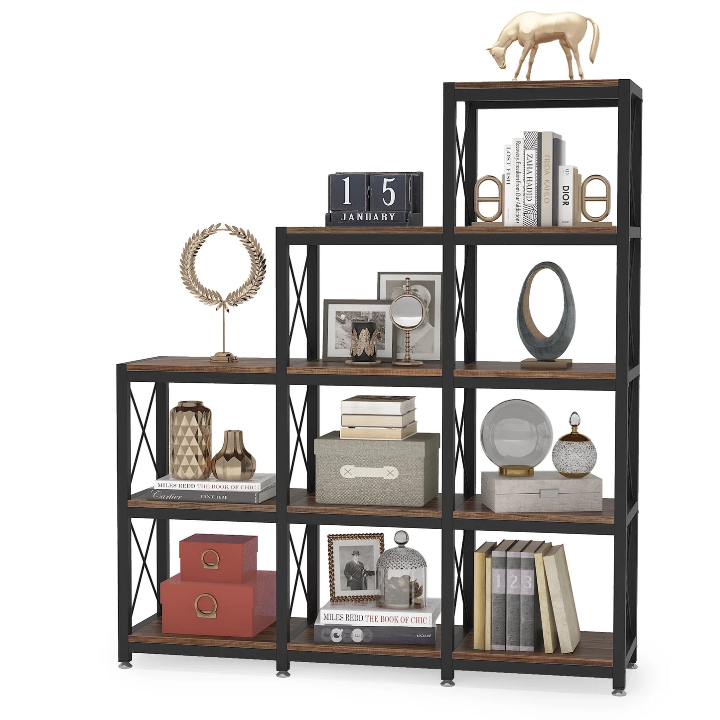 9-Cube Stepped Etagere Bookshelf | 12-Shelf Industrial Ladder Bookcase