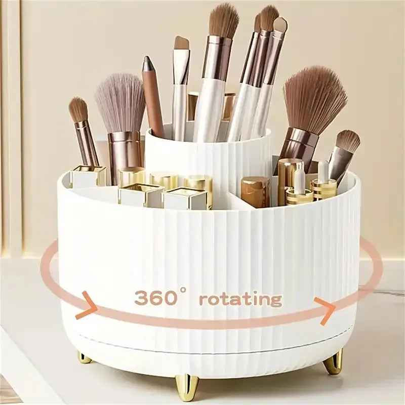 360° Rotating Makeup Organizer with 5 Compartments - Multi-Functional Holder for Brushes