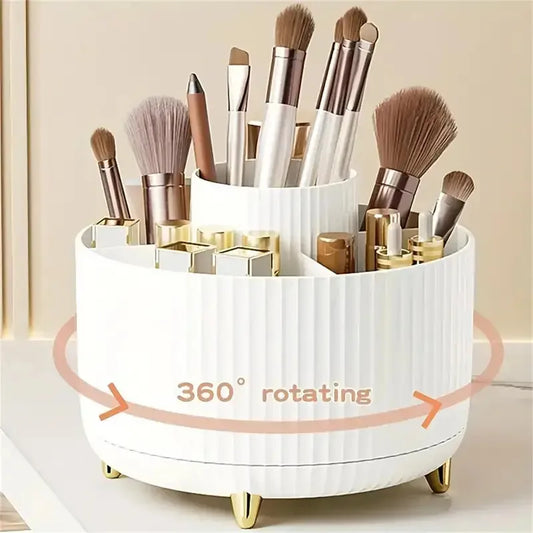 360° Rotating Makeup Organizer with 5 Compartments - Multi-Functional Holder for Brushes