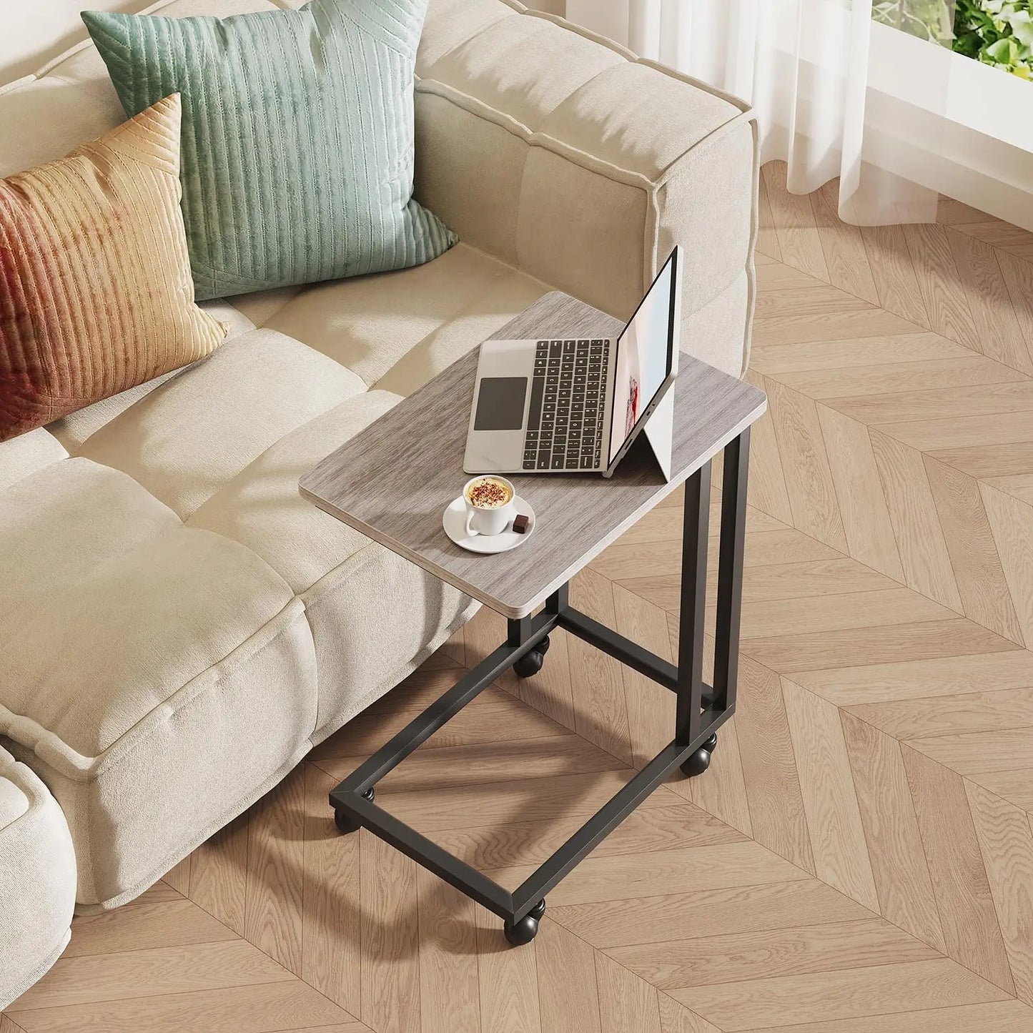 Wood Sofa Table with Wheels – Portable Overbed & Bedside Desk with Adjustable Feet and Metal Frame