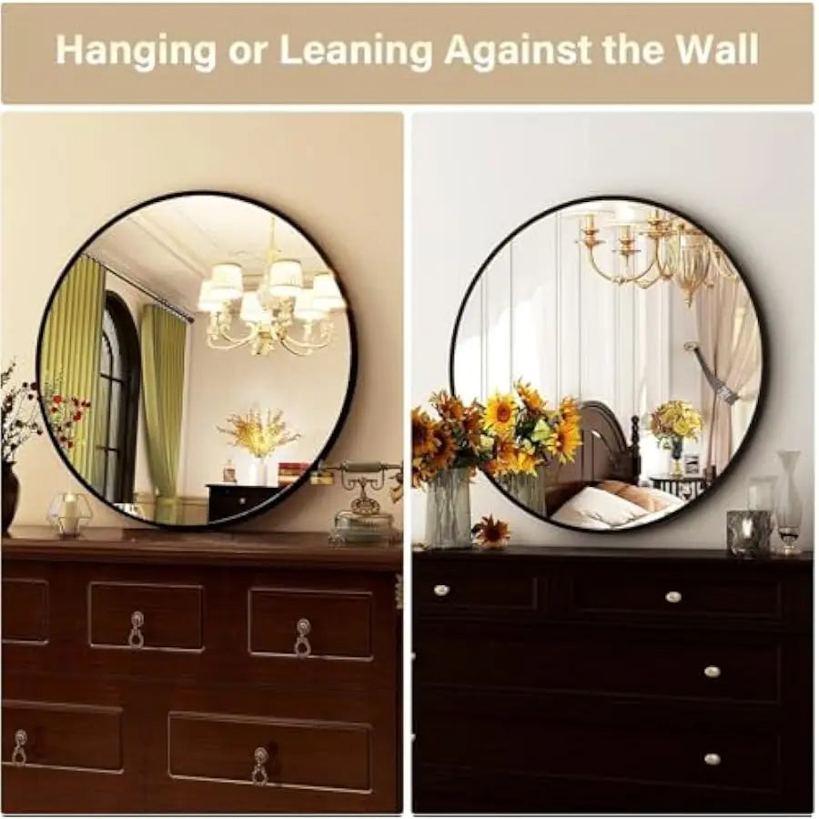 Modern Round Wall Mirror – Matte Black Aluminum Frame (30")