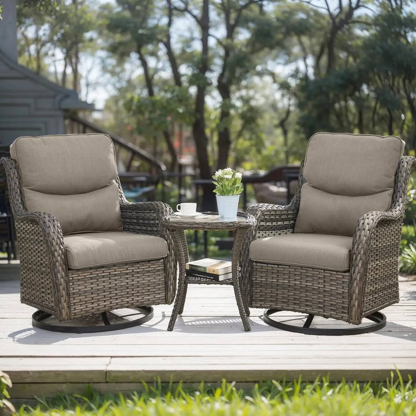 High Back Outdoor Swivel Rocker Patio Chairs Set of 2, with 5-Inch Thick Cushions and Side Table, All-Weather
