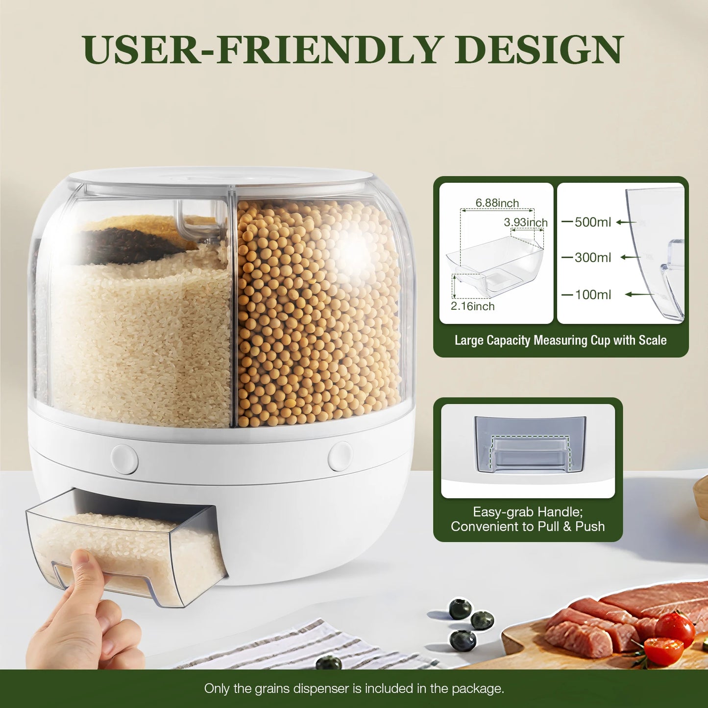 360° Rotatable 6-Grid Grain Dispenser—13lbs Capacity Food-Grade - Moisture-Proof for Rice & Beans in Kitchen