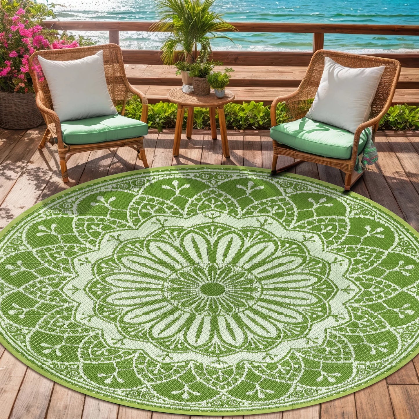 8ft Round Outdoor Patio Rug, Reversible,Lightweight