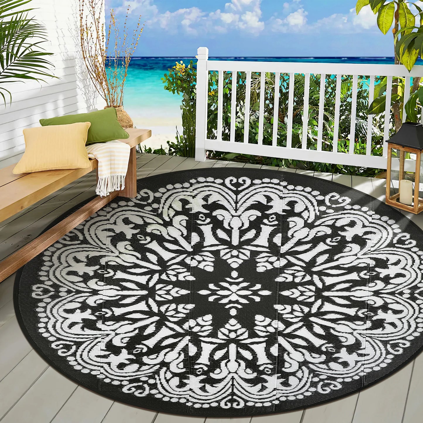 8ft Round Outdoor Patio Rug, Reversible,Lightweight