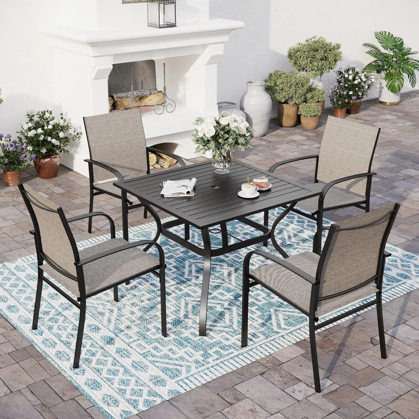 Outdoor Patio Dining Set (5/9/10‑Piece) – Square Table with Umbrella Hole & Metal Brown Chairs