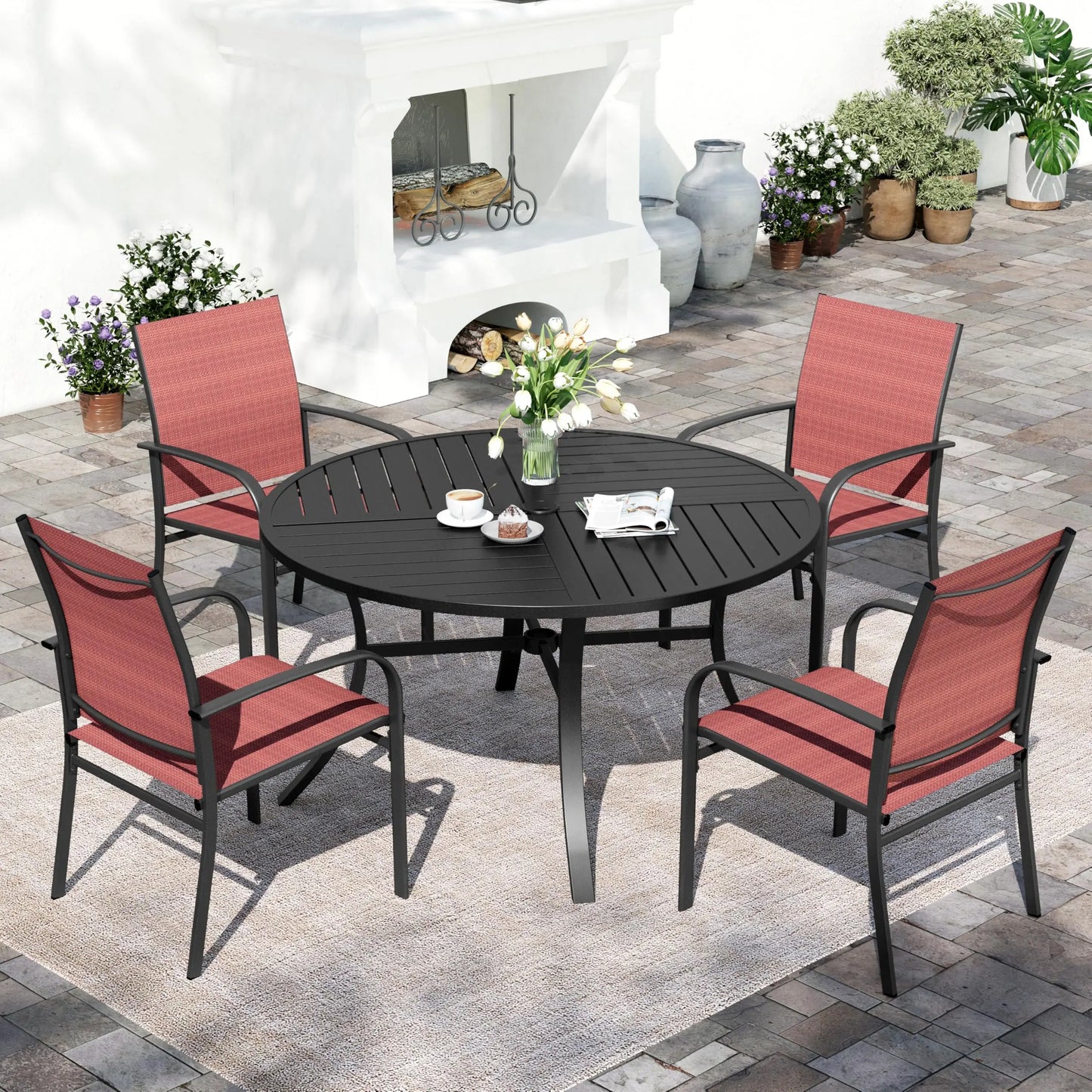 Outdoor Patio Dining Set (5/9/10‑Piece) – Square Table with Umbrella Hole & Metal Brown Chairs