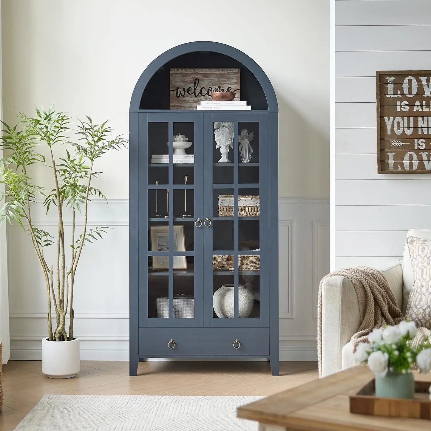 Elegant 71-Inch Arched Display Cabinet – Natural Wood Finish