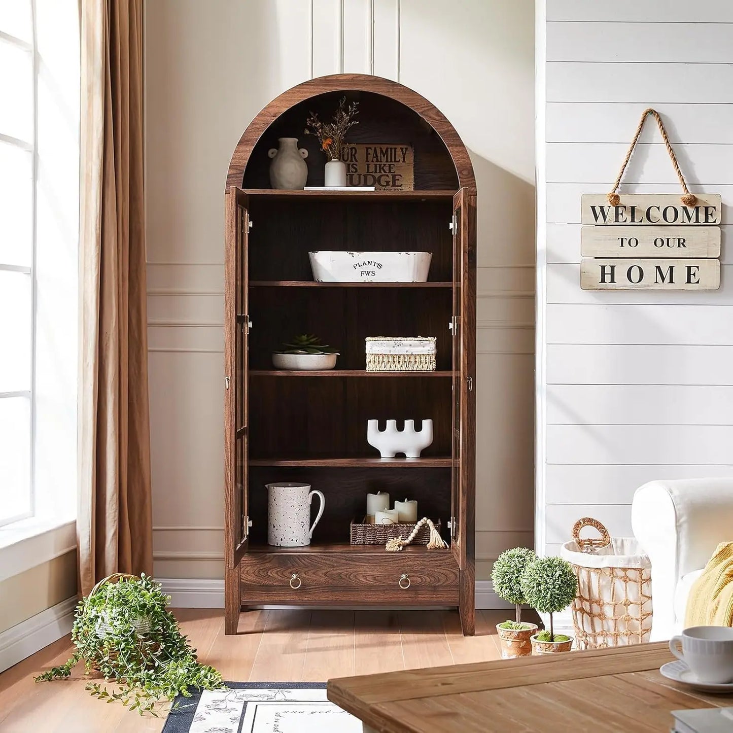 Elegant 71-Inch Arched Display Cabinet – Natural Wood Finish