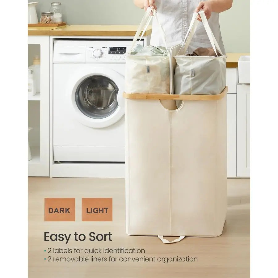 Laundry Basket with 2 Compartments, 39-Gal, Removable Liner Bag, for Laundry Room, Bedroom