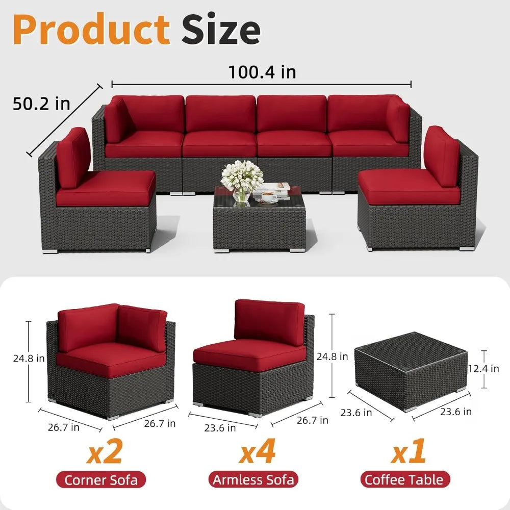 7-Piece Outdoor Patio Sofa Set - Black Rattan Wicker Set with Glass Top Table and Cushions(Red)
