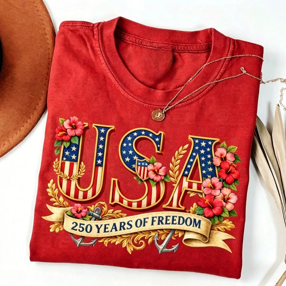 USA 250th Freedom - Women Crewneck Cotton Short Sleeve T Shirt