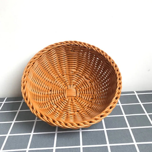 Natural Rattan Fruit Basket – Round Woven Food Storage & Serving Bowl for Bread, Snacks, and Desserts
