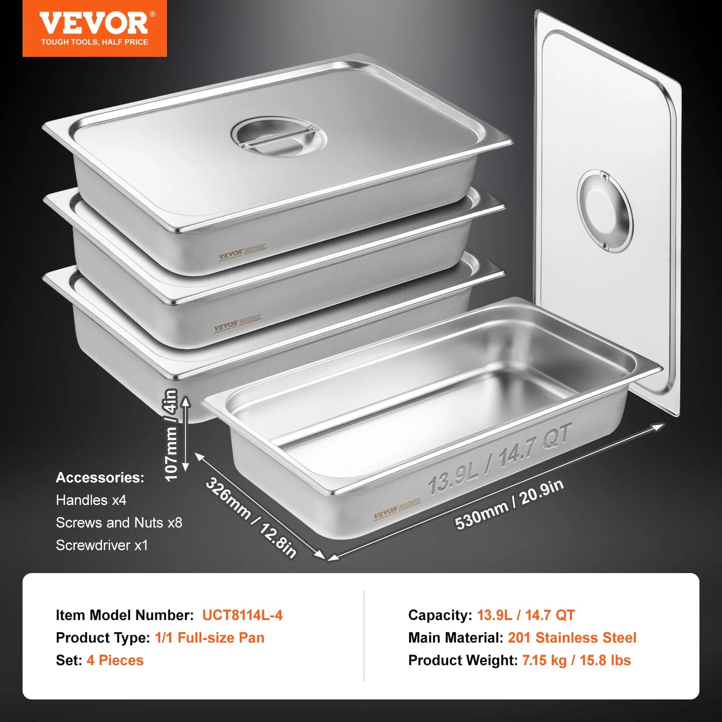 Stainless Steel Hotel Pans – 4‑Pack Full‑Size Anti‑Jam Steam Table Pans with Lids