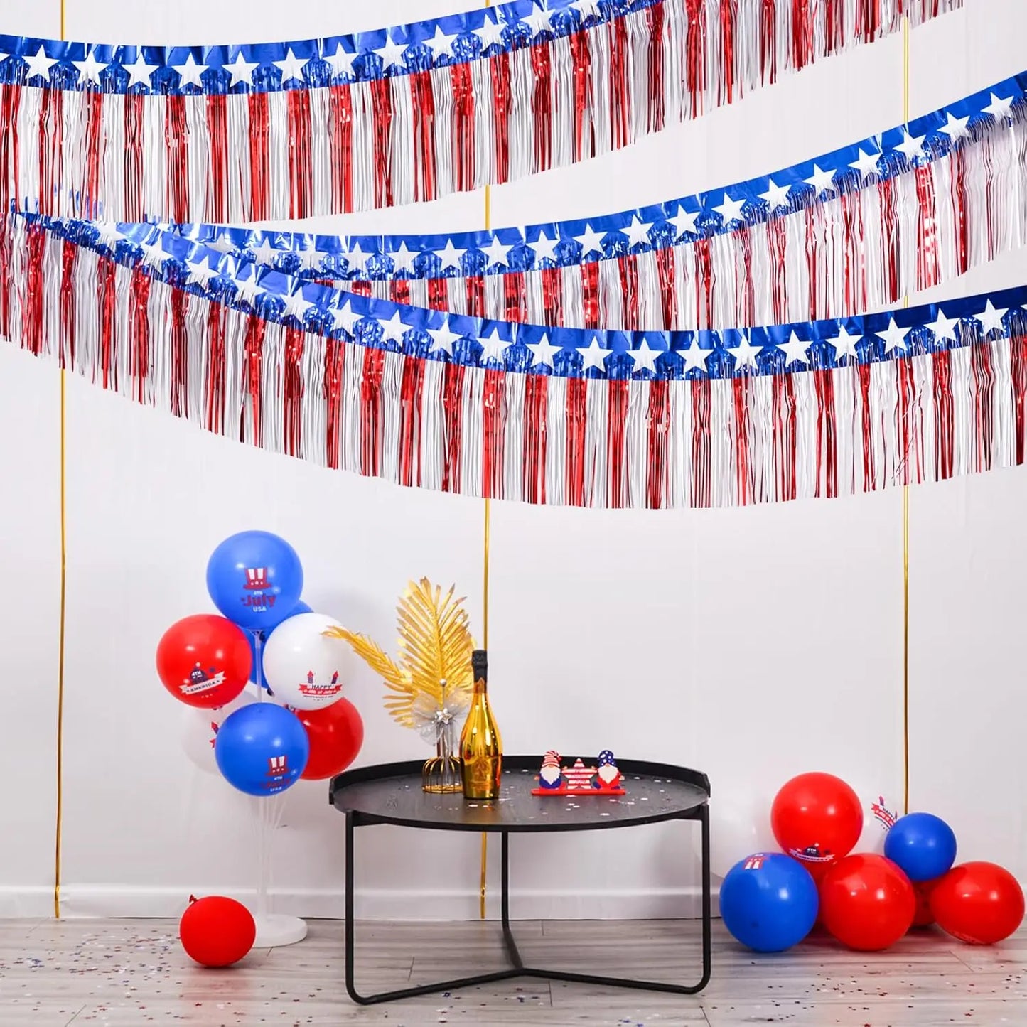 Patriotic Foil Fringe Banner – Red, White & Blue Metallic Streamers for July 4th Décor