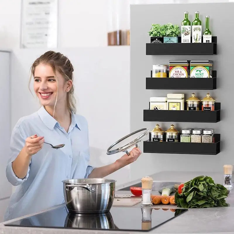 Magnetic Spice Rack for Refrigerator, Kitchen Organizer and Storage Shelf, Black (4 Pack)