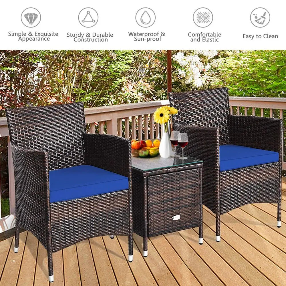 3‑Piece Rattan Patio Furniture Set – Two Wicker Chairs & Tempered Glass Coffee Table